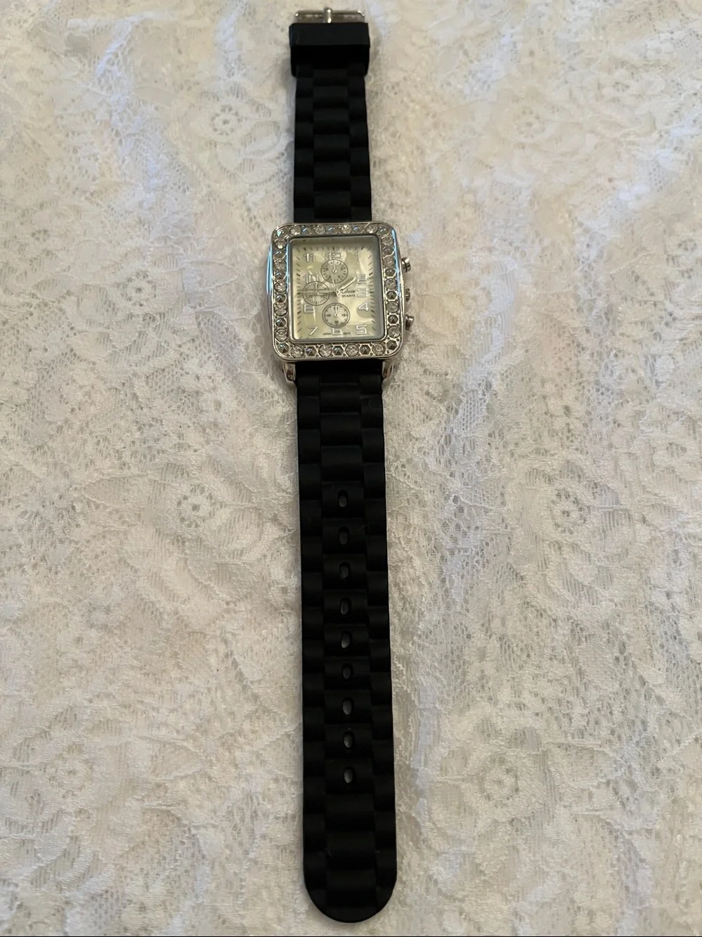 Collezio Women's Silver Crystal-Trim Watch with Black Strap